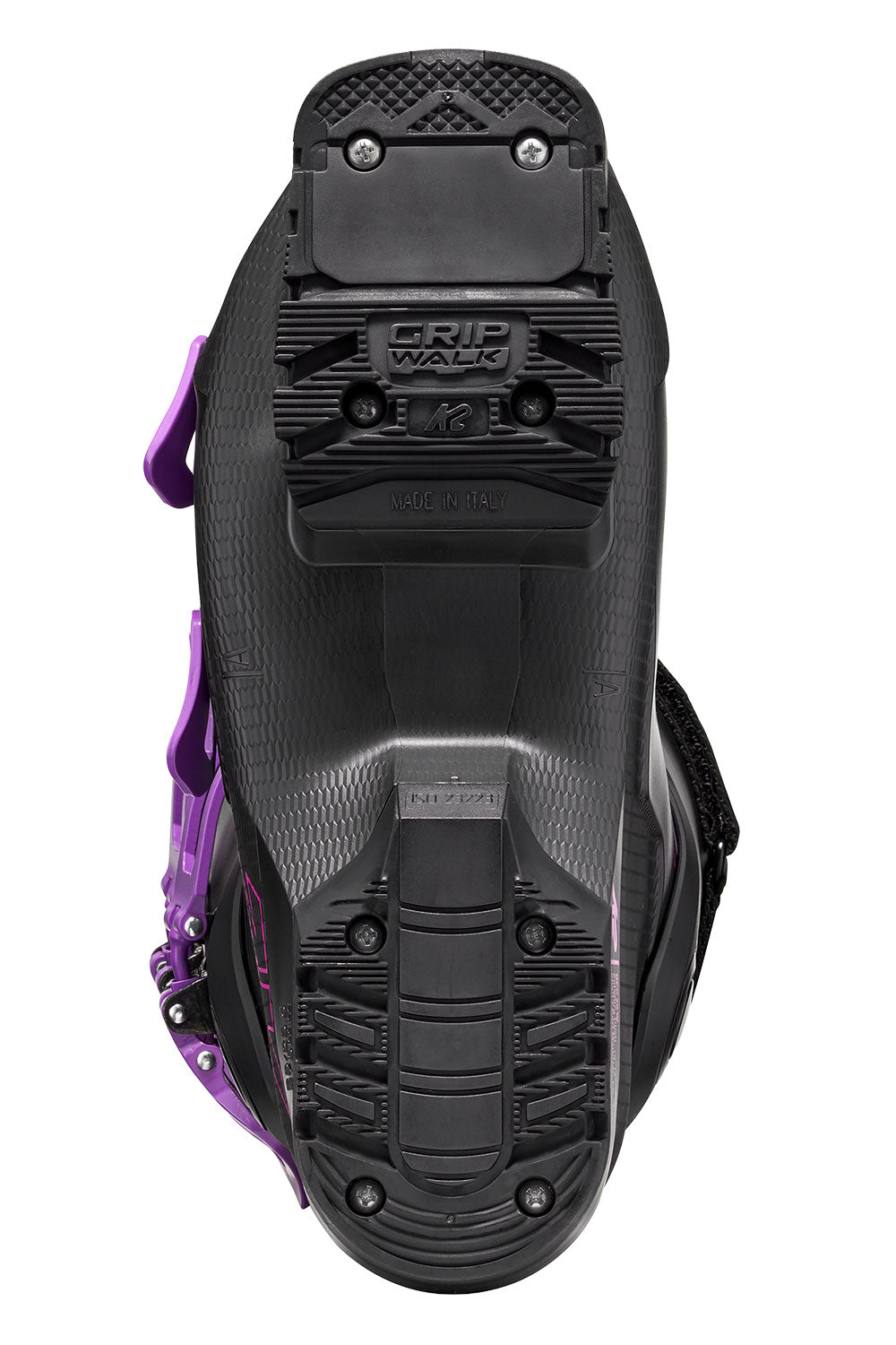 Close-up of a black and purple snowmobile boot sole with 'Grip Walk' branding on a white background.
