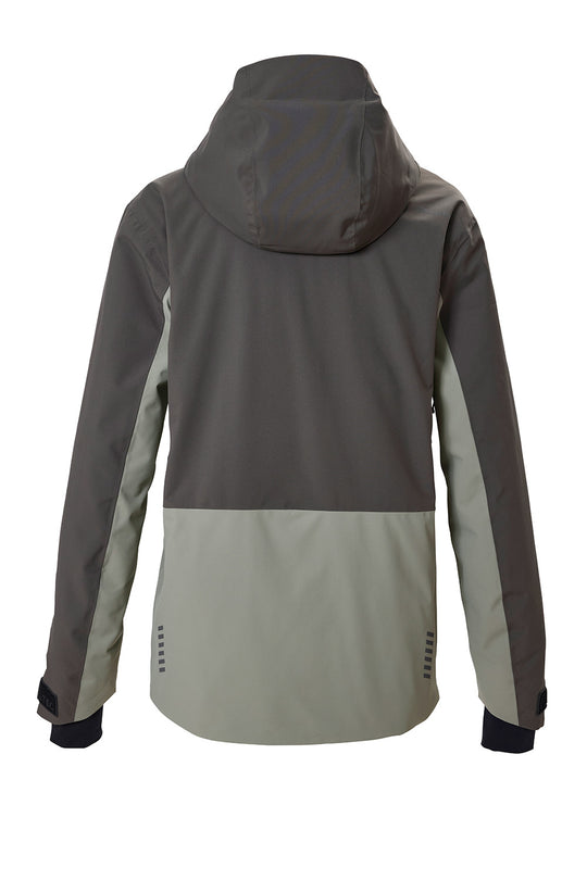 A men's colorblock hooded jacket shown from the back, featuring a dark gray upper body and hood, light gray side panels, and a light sage green lower back panel.