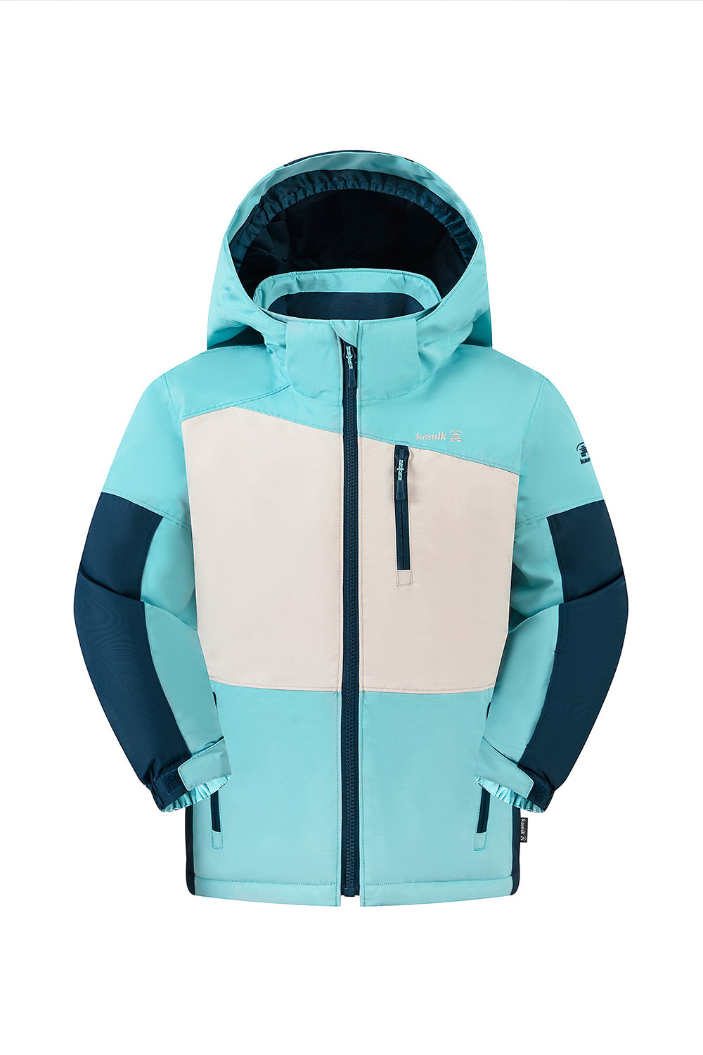 A kids' hooded ski jacket in colorblock design, featuring a light turquoise body, a large cream-colored chest panel, and dark navy blue sleeves and hood lining, shown against a plain white background.