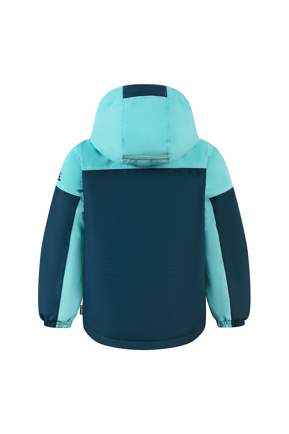 A children's hooded jacket shown from the back, featuring a dark navy blue main body and light turquoise blue sleeves and hood.