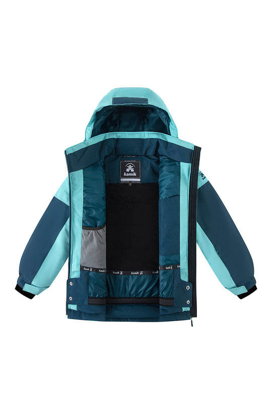 A kids' hooded winter jacket in teal, dark blue, and light aqua, shown from the back with a black central panel and a gray zippered pocket on the left side.