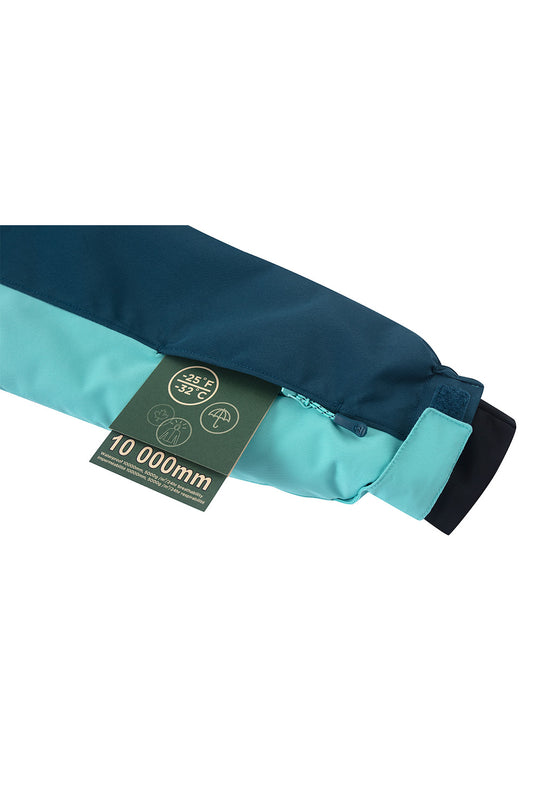A close-up of a technical sleeve or jacket cuff in dark teal and light aqua, with a black elastic band and a green hangtag reading 10 000m.
