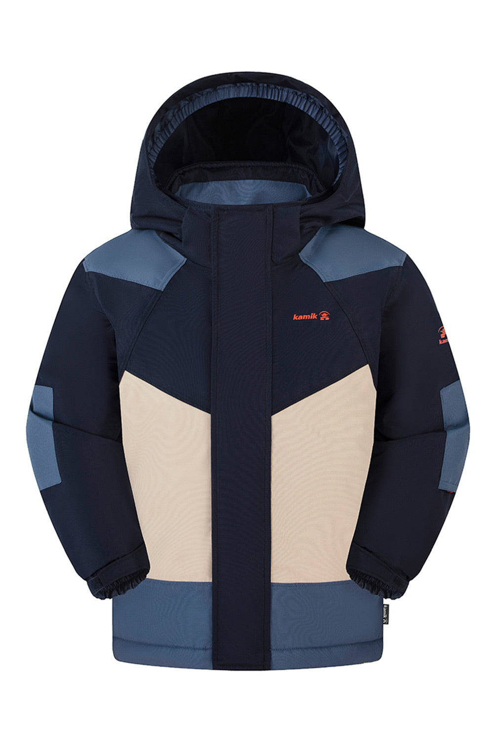 A hooded kids' snow jacket in navy blue, slate blue, and beige, featuring a red 'Kombi' logo on the left chest, shown against a plain white background.
