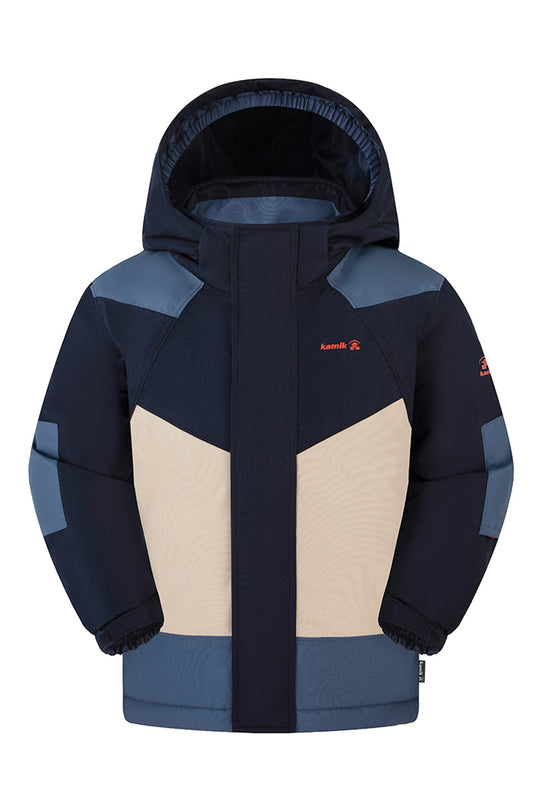 A hooded kids' snow jacket in navy blue, slate blue, and beige, featuring a red 'Kombi' logo on the left chest, shown against a plain white background.
