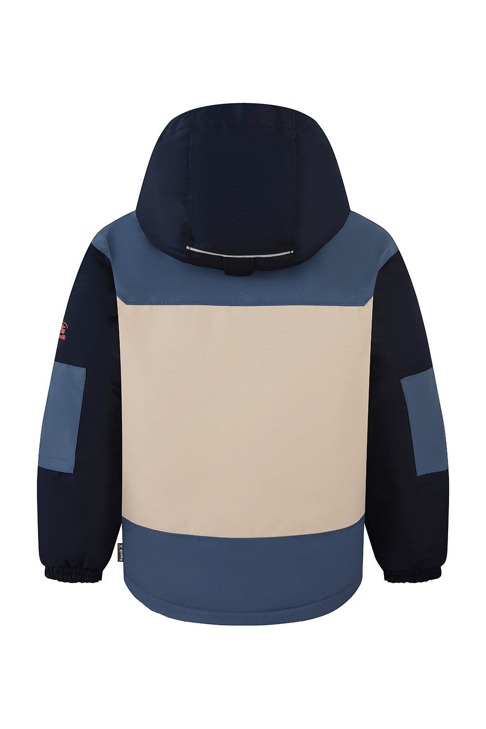 A color-blocked hooded jacket shown from the back, featuring a large cream center panel, navy blue hood and upper sleeves, and slate blue lower panels and sleeve accents.