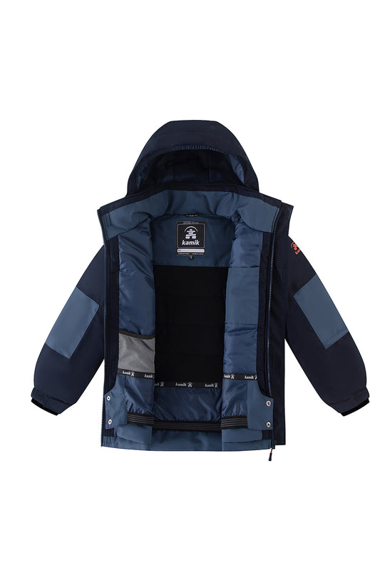 A navy blue hooded winter jacket with a black center panel and gray accents on the sleeves and lower front, displayed against a solid white background.