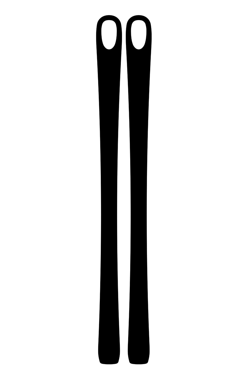 A pair of black skis shown vertically side by side on a plain white background.