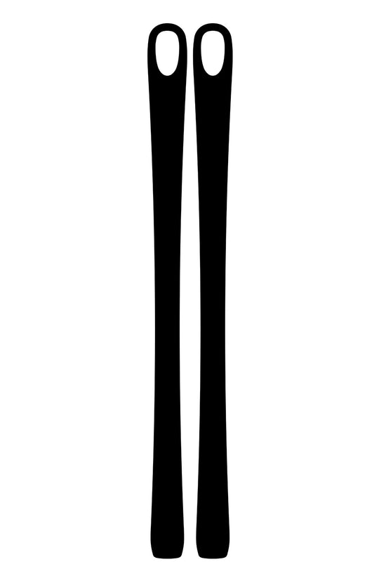 A pair of black skis shown vertically side by side on a plain white background.