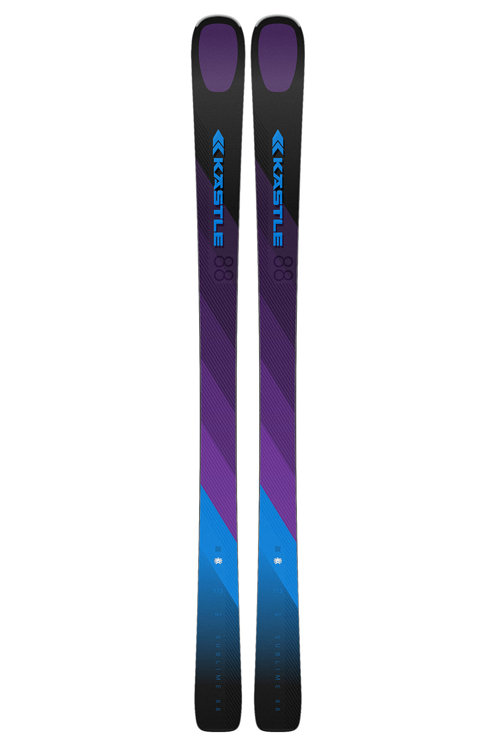 A pair of Kastle skis shown vertically side-by-side against a plain white background. The skis feature a color-blocked design with purple and blue geometric patterns on a black base.
