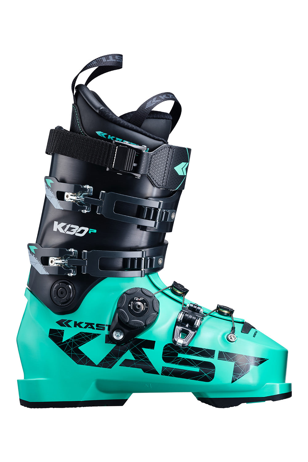 A Kastle ski boot in a striking teal and black colorway, shown from a side profile against a solid white background.