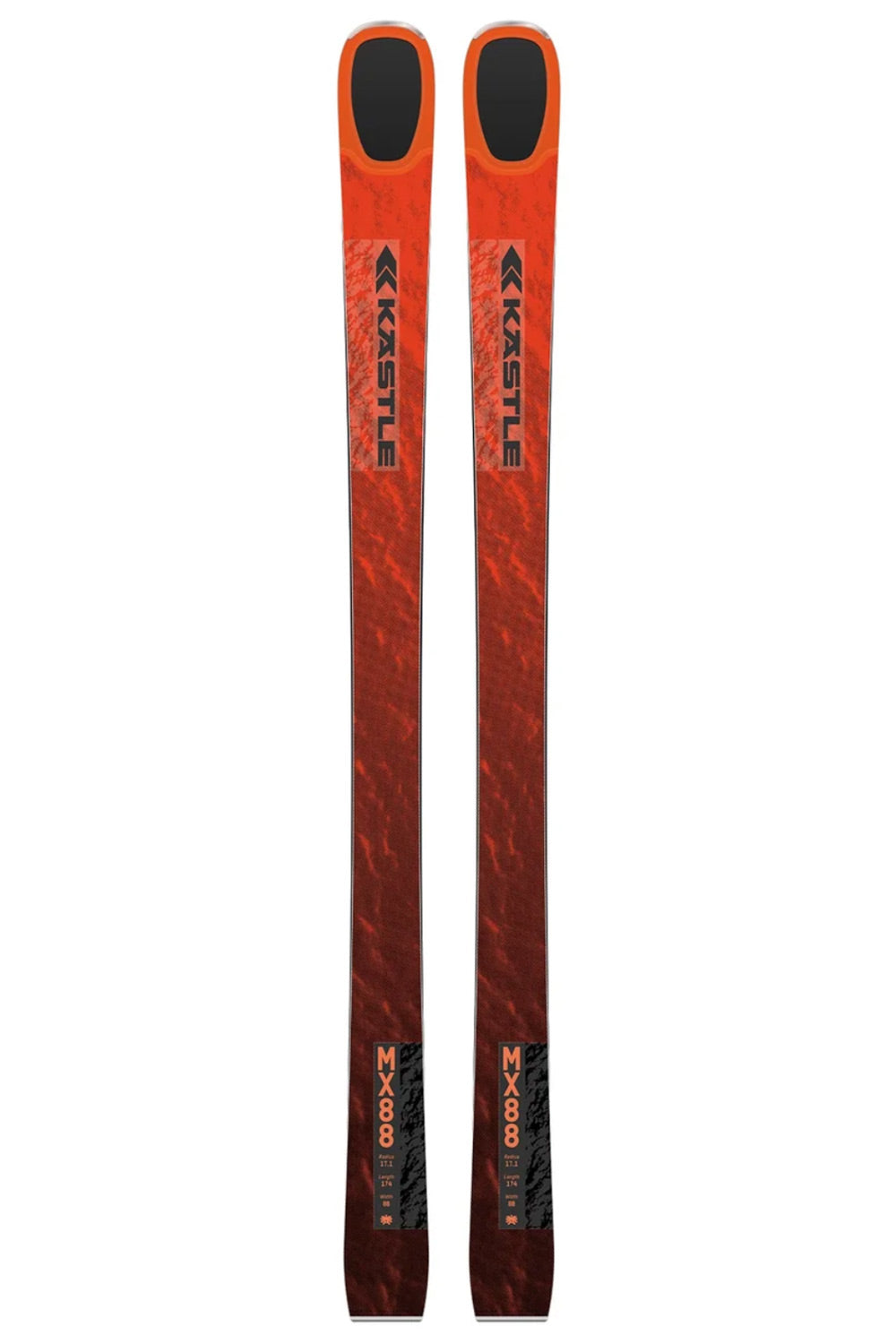 A pair of Kastle skis in a vibrant orange and red gradient design with black accents, shown vertically against a plain white background.