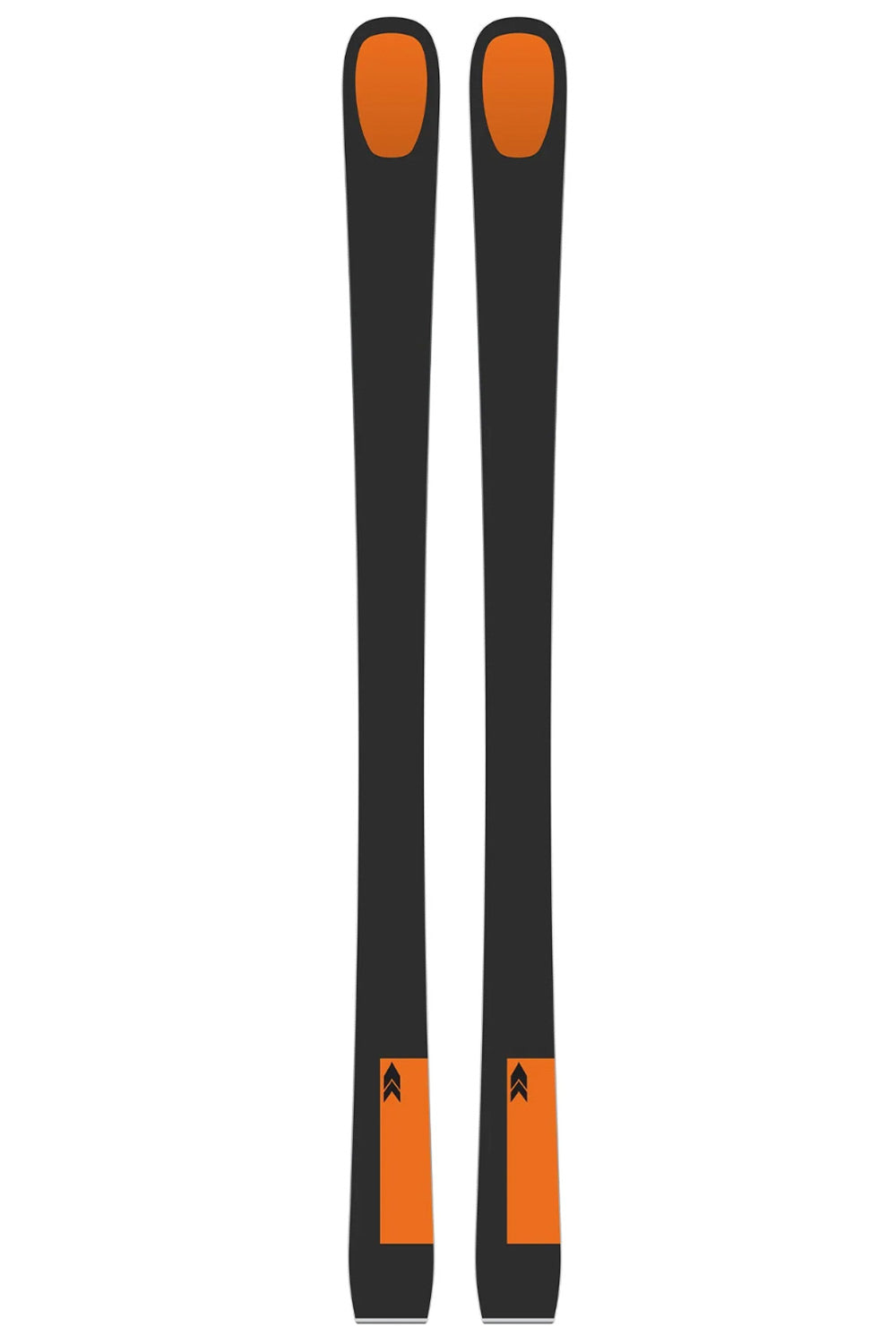 A pair of skis shown vertically against a plain white background, featuring a dark gray body with bright orange accents at the bindings and near the tips.
