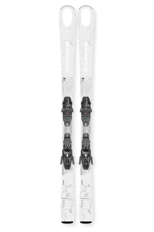 A pair of white skis with black bindings, mounted on white skis with a subtle gray marble pattern, shown against a plain white background.