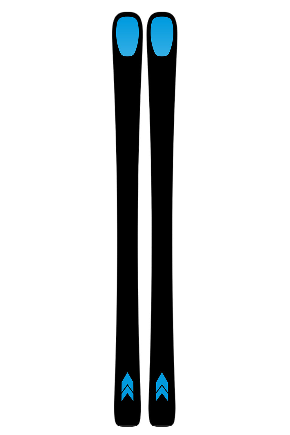 A pair of skis shown vertically against a plain white background, featuring a black body with bright blue accents at the toe and tail ends.