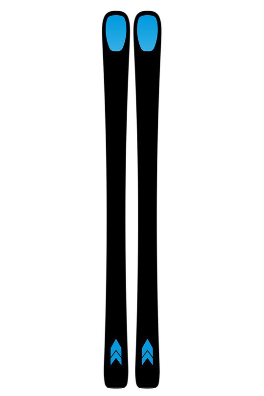 A pair of skis shown vertically against a plain white background, featuring a black body with bright blue accents at the toe and tail ends.