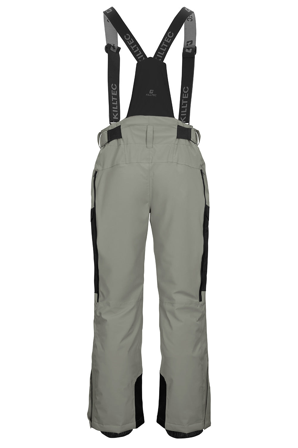 A pair of ski bib pants in light gray with black suspenders and black side panels, shown from the back against a plain white background.