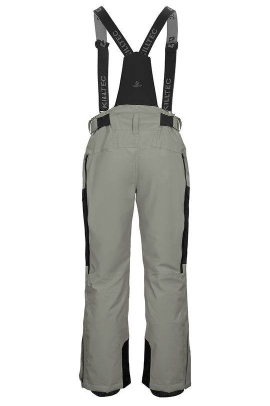 A pair of ski bib pants in light gray with black suspenders and black side panels, shown from the back against a plain white background.