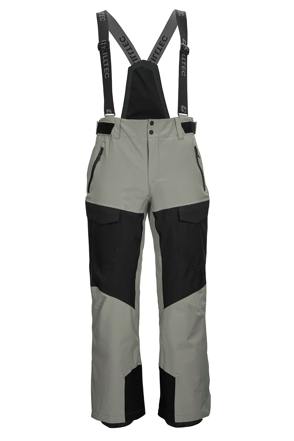 Gray and black bib snow pants with adjustable suspenders, shown against a plain white background.