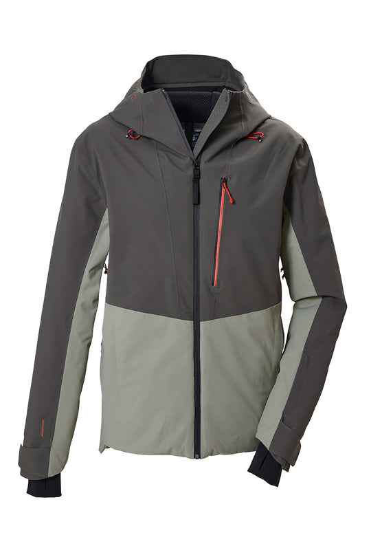 A colorblock hooded outdoor jacket with a dark gray upper section, light gray lower section, and black zipper details with red accents.