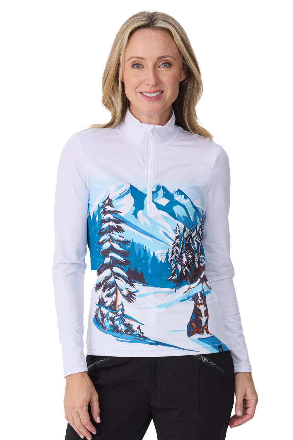 Woman wearing a white long-sleeve shirt with a mountain and forest design on a white background
