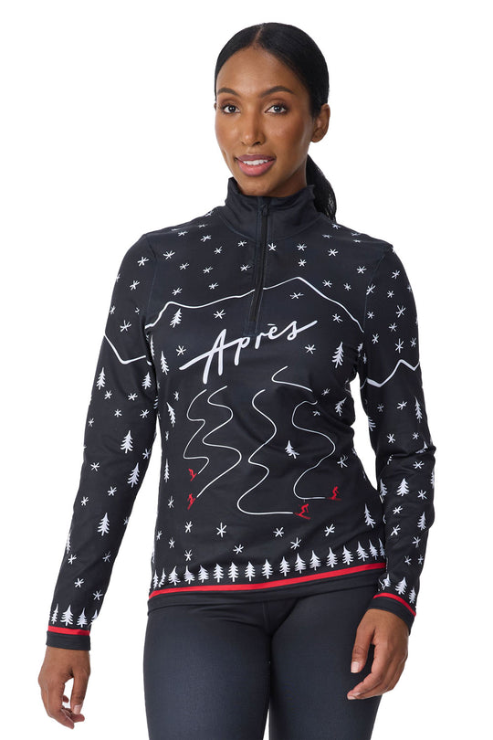 Woman wearing a black patterned jacket with 'Apres' text on a white background