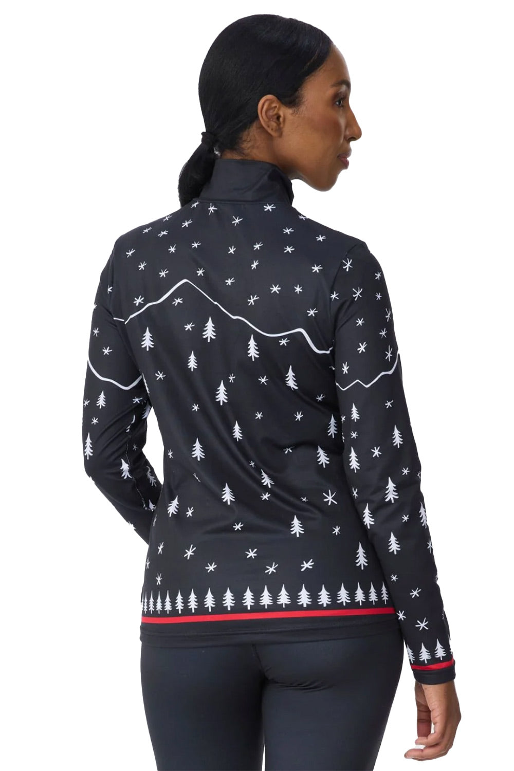 A woman shown from the back wearing a black long-sleeve athletic top with a white Christmas tree and mountain pattern, paired with black leggings, against a plain white background.