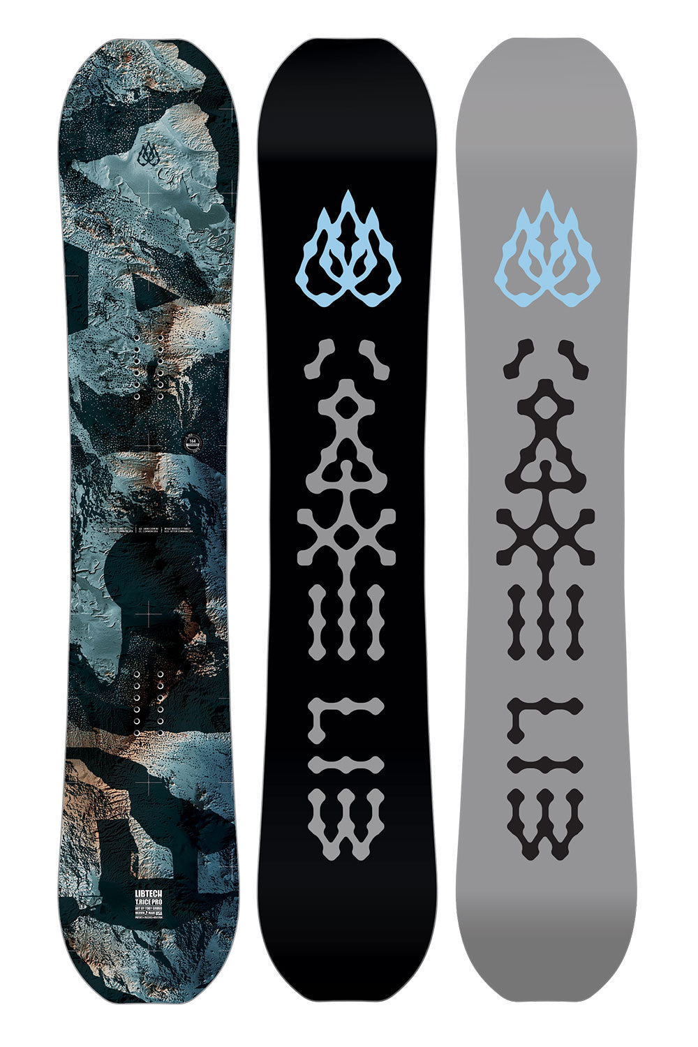 Three snowboards with different designs on a white background