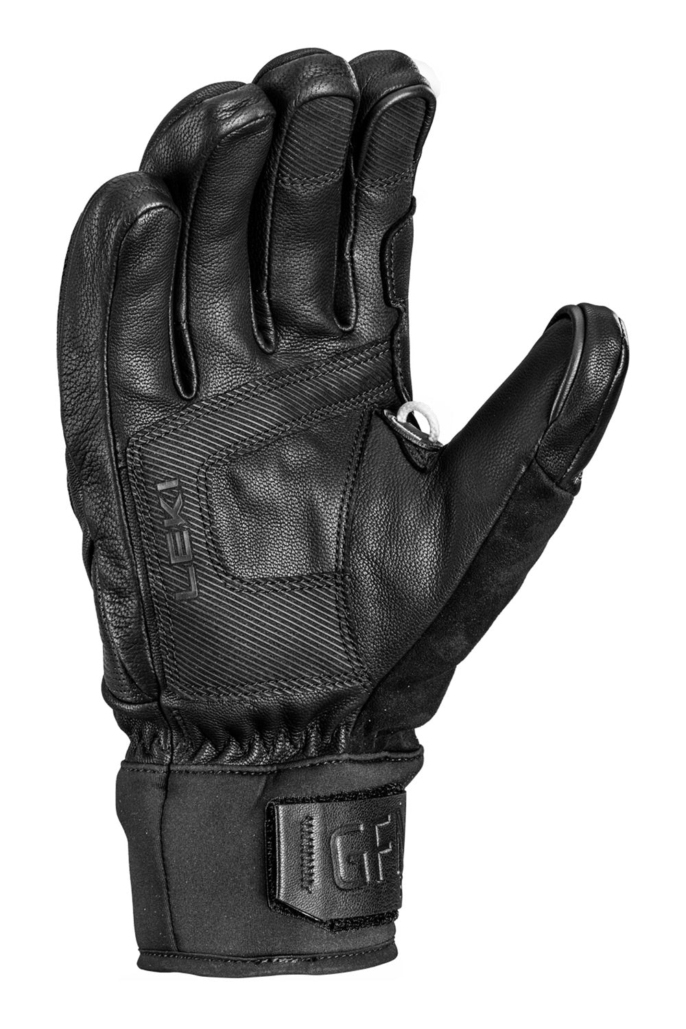A single black leather ski glove shown from the back, featuring textured panels, a wrist strap with a metal 'CF' badge, and a small silver metal ring near the back of the hand, set against a plain white background.