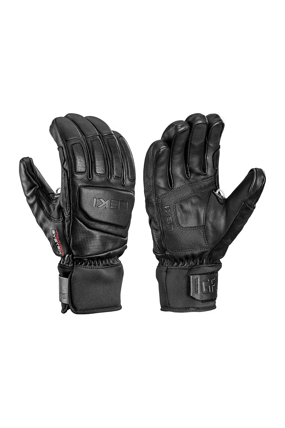 A pair of black leather winter gloves shown from both the back and palm sides against a plain white background.