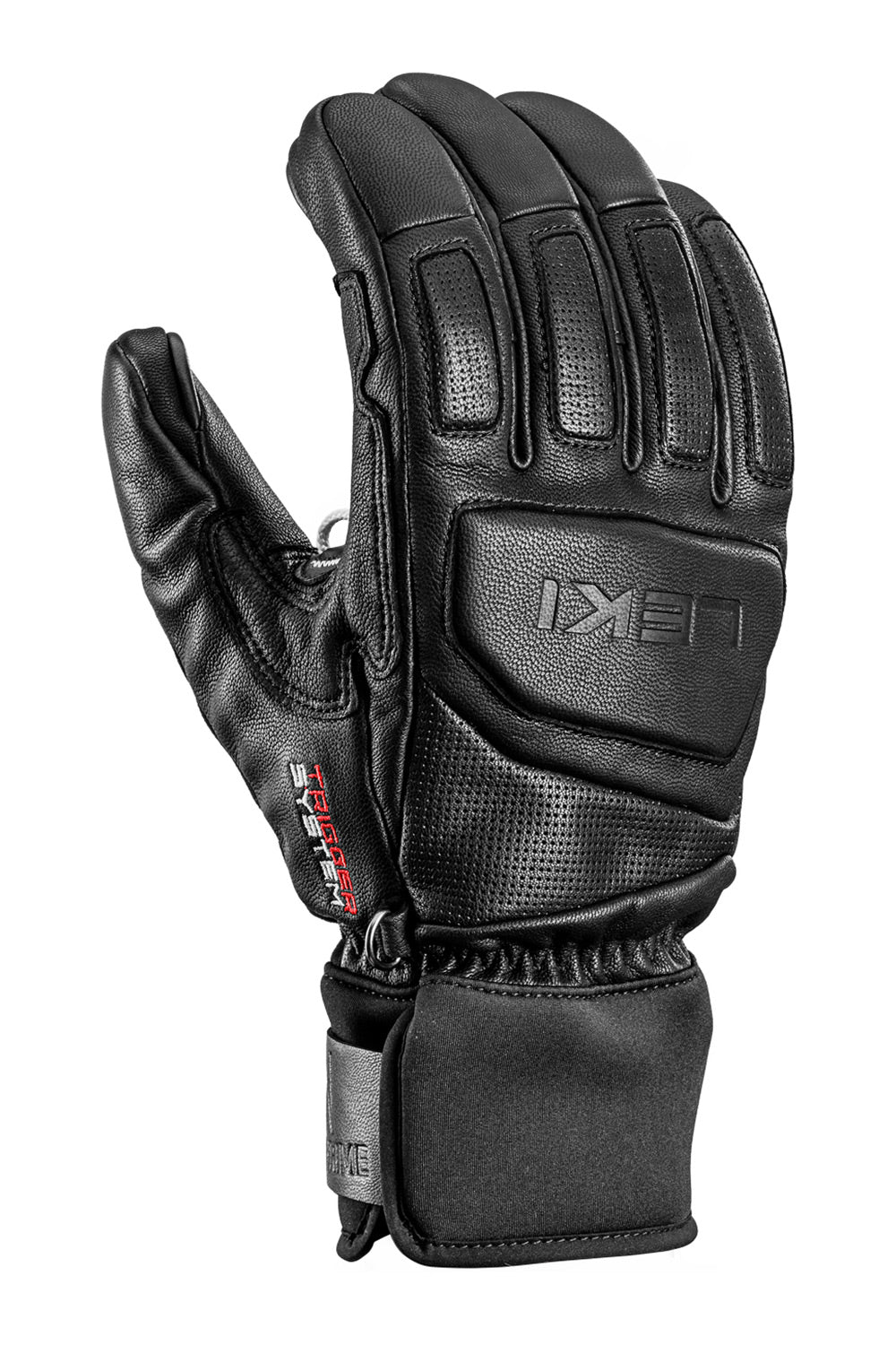 A single black leather ski glove shown from the back, featuring textured panels, padded finger sections, and the brand name 'LEXTAK' debossed on the back, set against a plain white background.