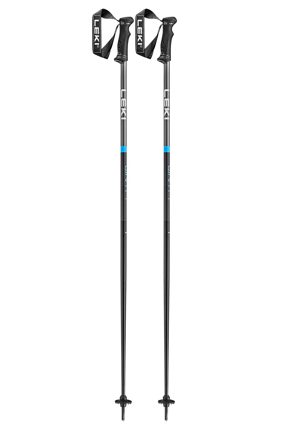 Two black Leki ski poles with white branding and a small blue accent band, shown vertically on a plain white background.