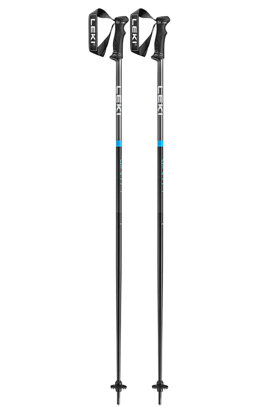 Two black Leki ski poles with white branding and a small blue accent band, shown vertically on a plain white background.