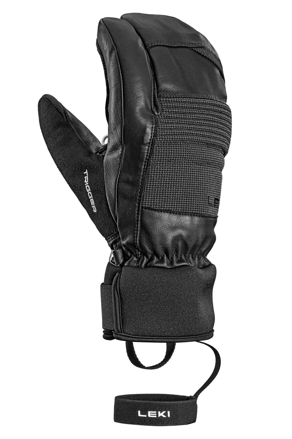 A single black Leki ski glove with a wrist strap and lanyard, shown from the back on a plain white background.