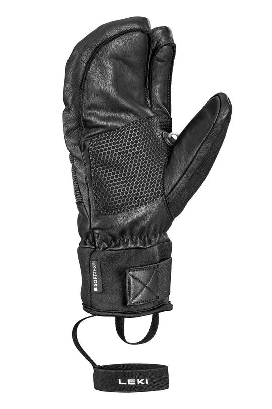 A single black leather ski glove with a textured mesh panel on the back, elasticated wrist, and a black wrist strap labeled 'LEKI'.