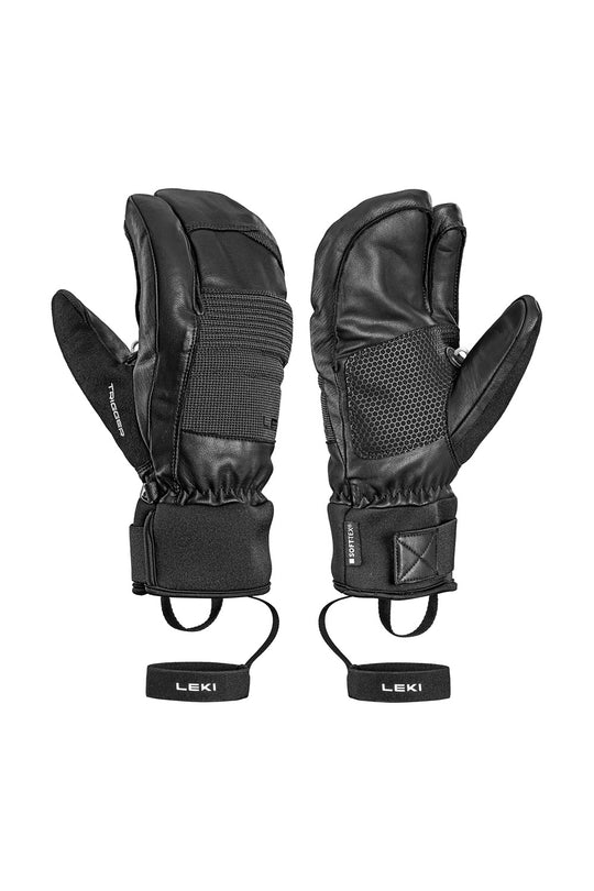 A pair of black leather ski gloves shown from both the front and back sides, featuring textured panels, elastic wrist closures, and black wrist loops with the LEKI brand logo, set against a plain white background.