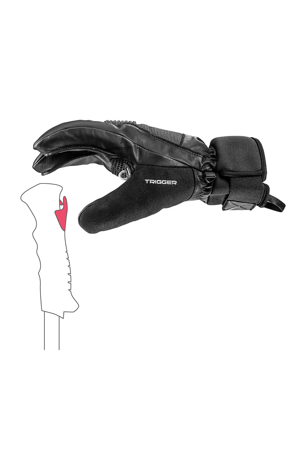 A black Trigger ski glove shown on a plain white background, with a small white line drawing of a ski handle and a red highlight indicating the glove's placement.