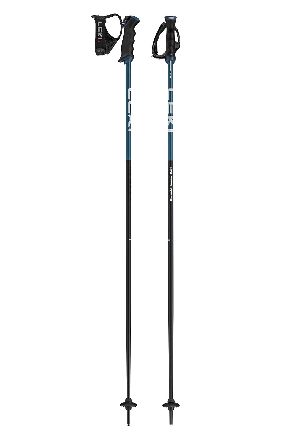 A pair of ski poles with black handles, black tips, and blue shafts, shown against a plain white background.