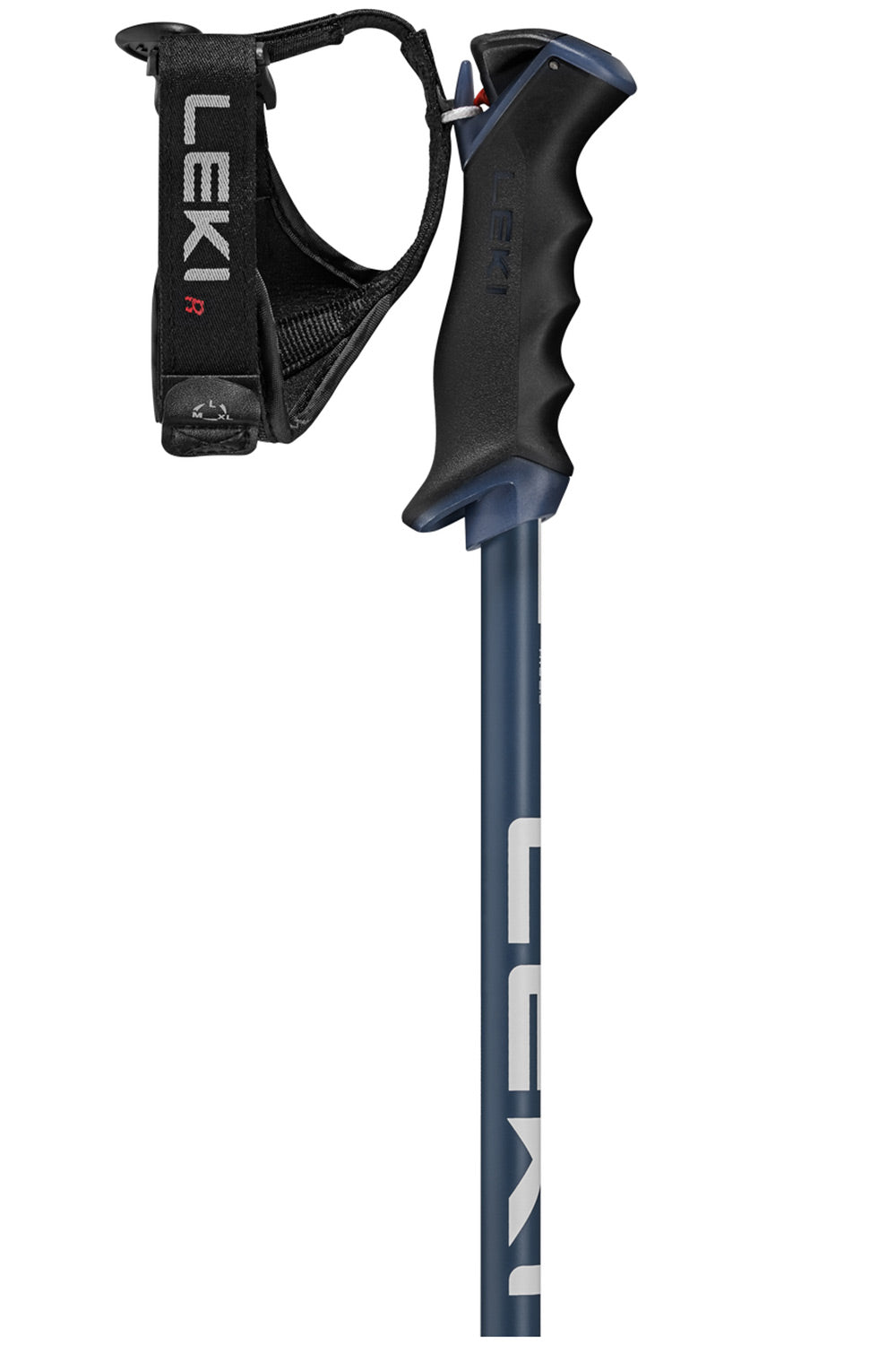 A single ski  pole shown vertically on a plain white background, with a black wrist strap attached near the top. The pole shaft is dark blue with large white LEKI branding, and the handle is black with blue trim.