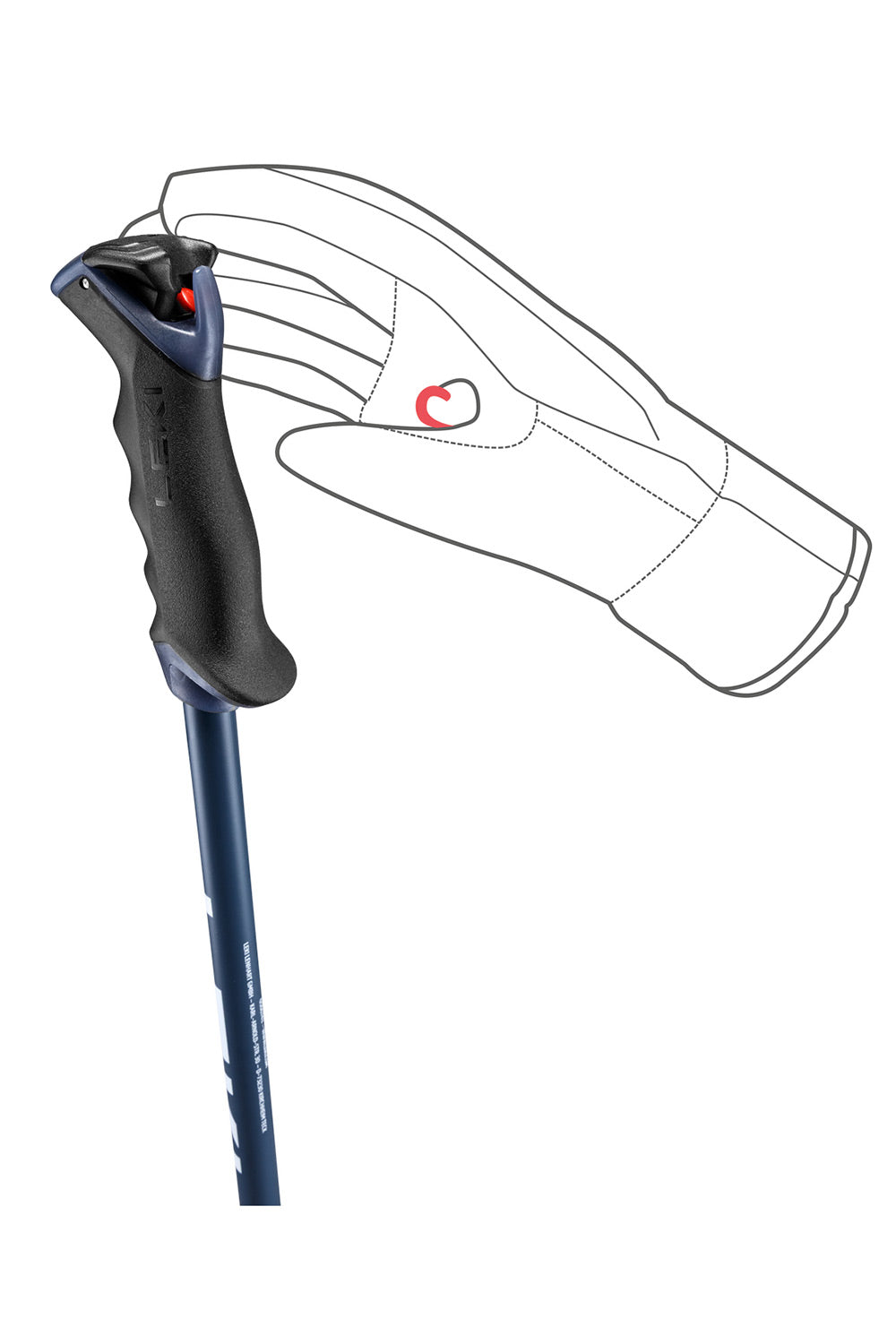 A blue and black ski pole with a textured black handle, shown next to a simple line drawing of a hand wearing a white glove with a small red logo.
