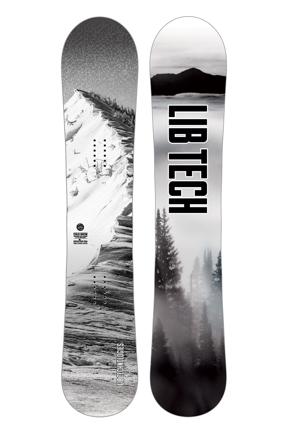 Two views of a Lib Tech snowboard with mountain and forest design on a white background