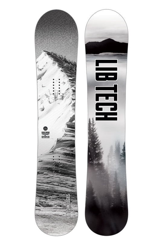 Two views of a Lib Tech snowboard with mountain and forest design on a white background