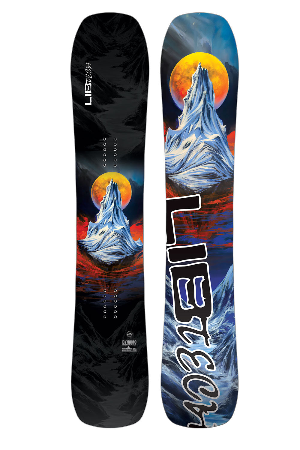 Two snowboards with mountain and moon design on a white background