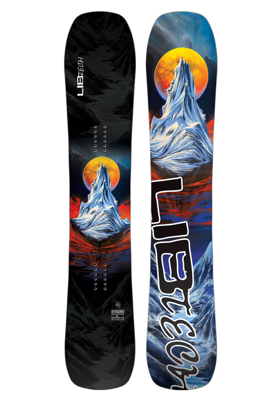 Two snowboards with mountain and moon design on a white background