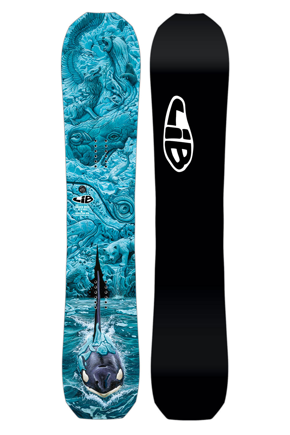 Snowboard with a blue and black design on a white background