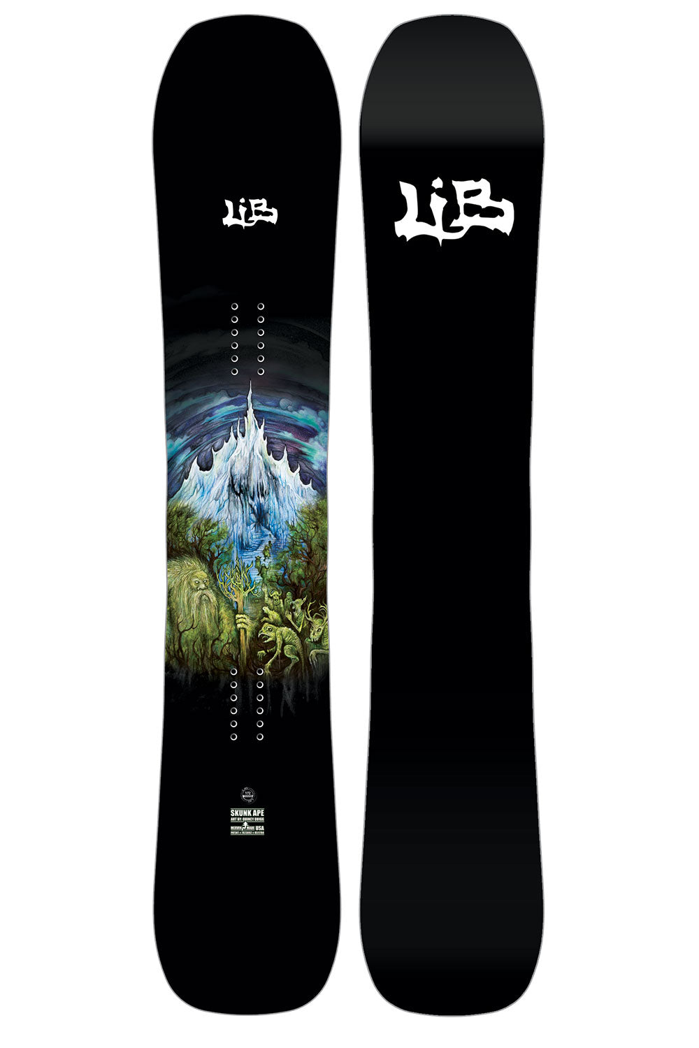 Two black snowboards with a fantasy design and visible branding on a white background