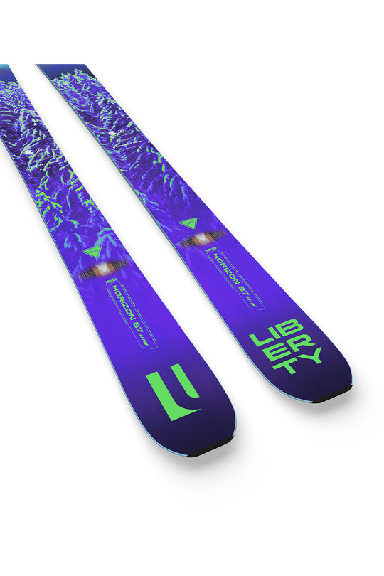 Purple and green skis with branding on a white background