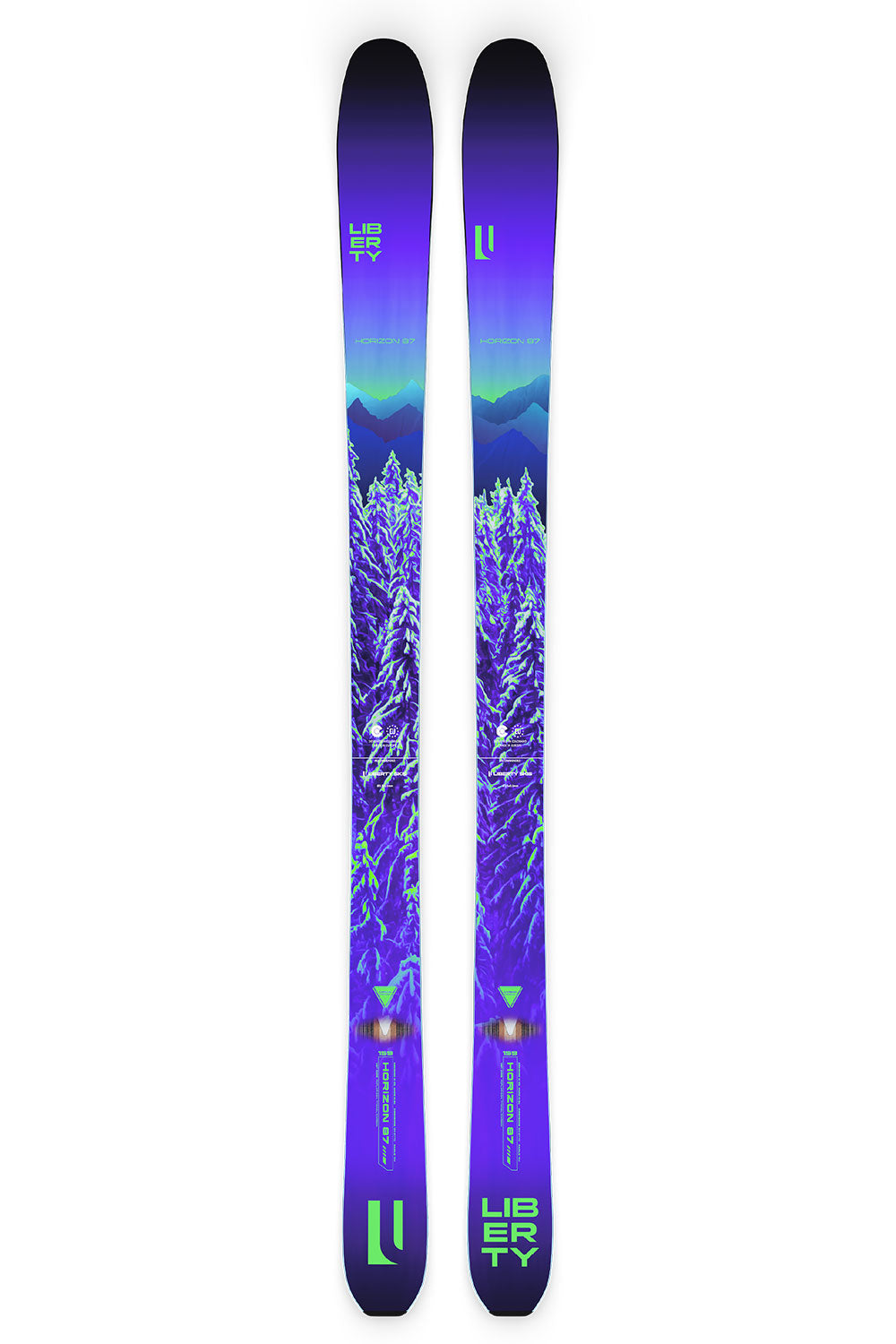 Purple skis with a mountain and tree design on a white background