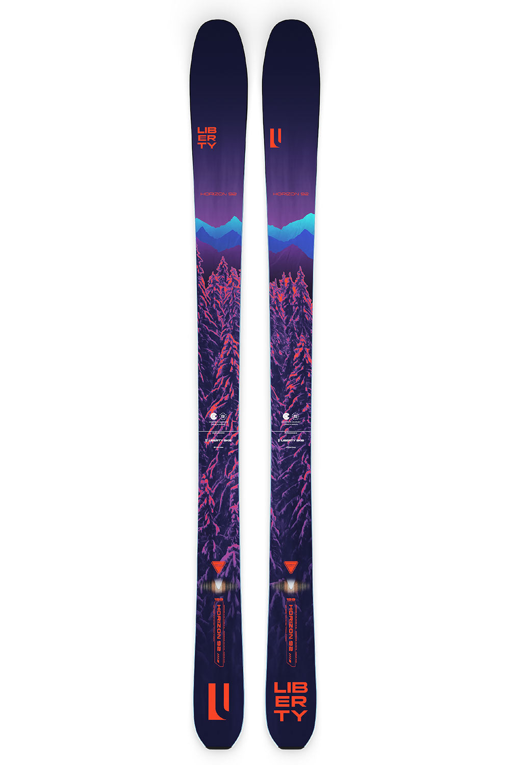 Pair of skis with a purple and blue design on a white background