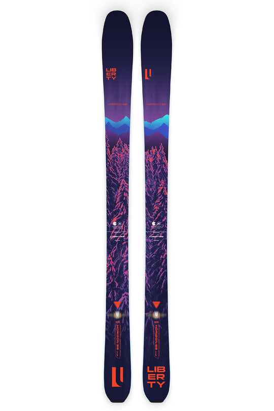 Pair of skis with a purple and blue design on a white background