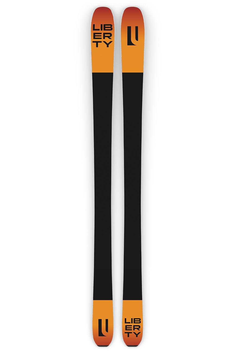 Two orange and black Liberty skis on a white background